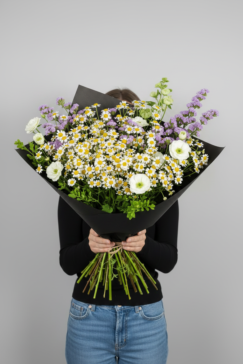 Meadow White Bouquet wrapped in black paper