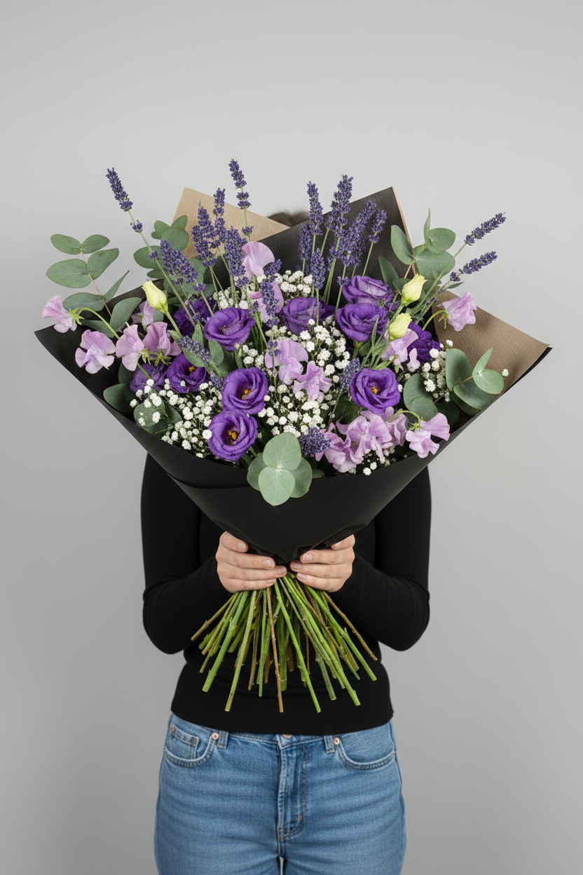 Lavender Dream Bouquet wrapped in black paper